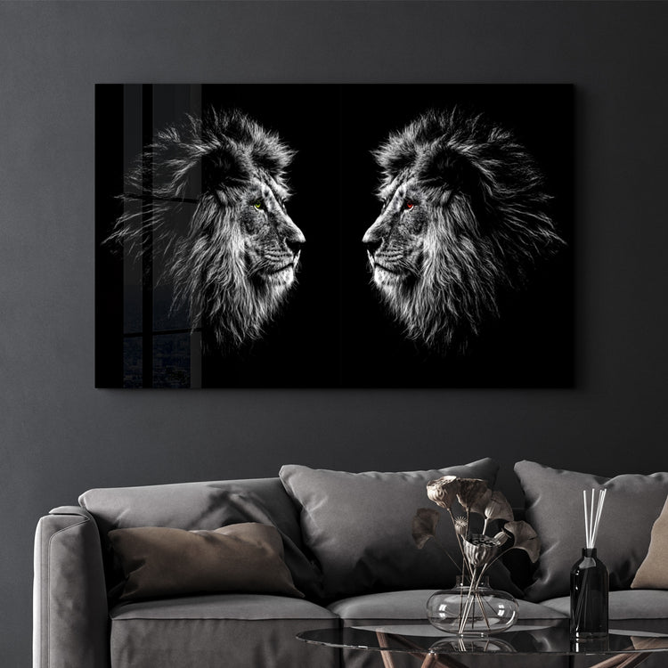 ・"Lions Confrontation BW "・Glass Wall Art - ArtDesigna Glass Printing Wall Art