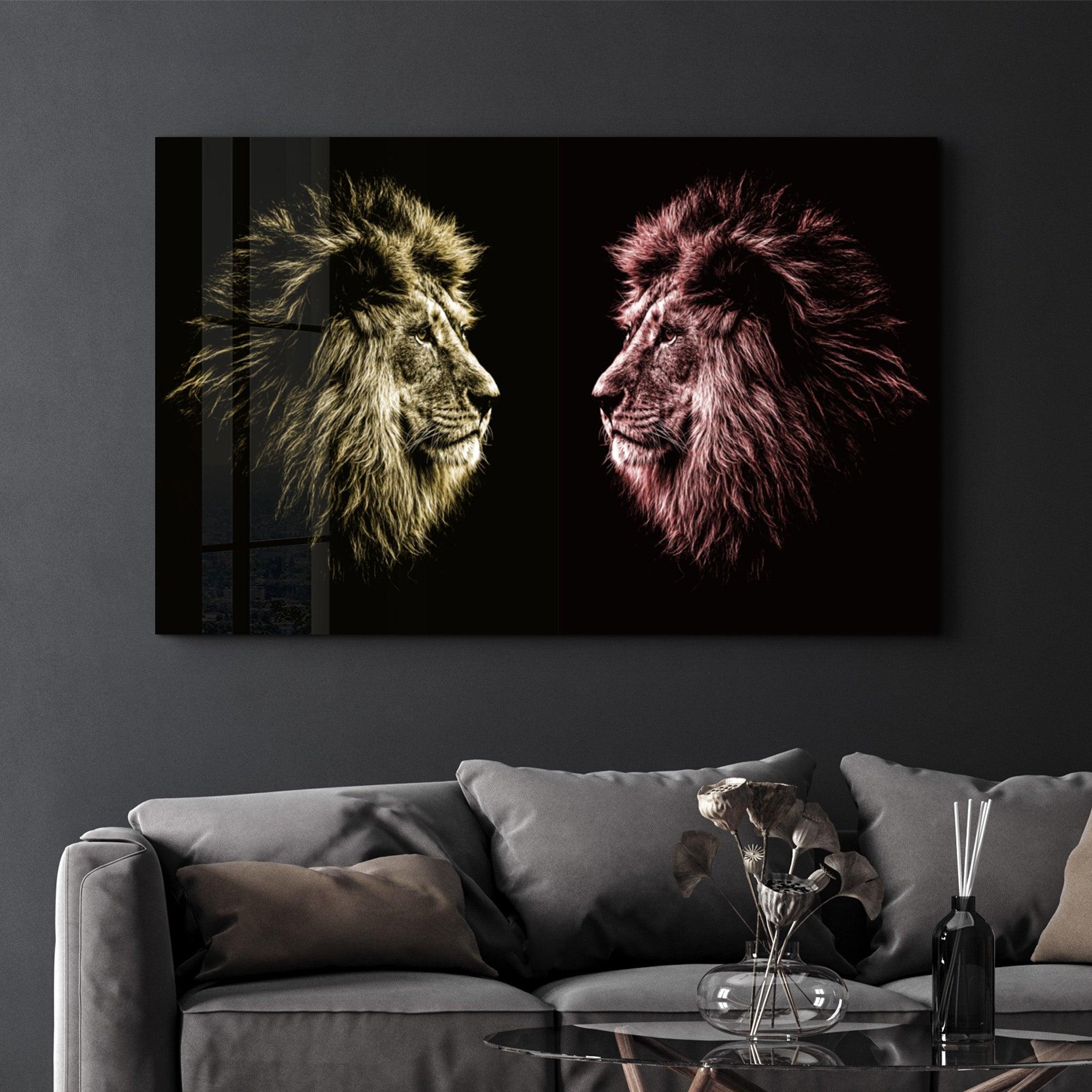 Lions Confrontation YR | Glass Wall Art - ArtDesigna Glass Printing Wall Art