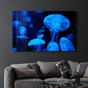 Blue Jellyfish | Glass Wall Art - Artdesigna