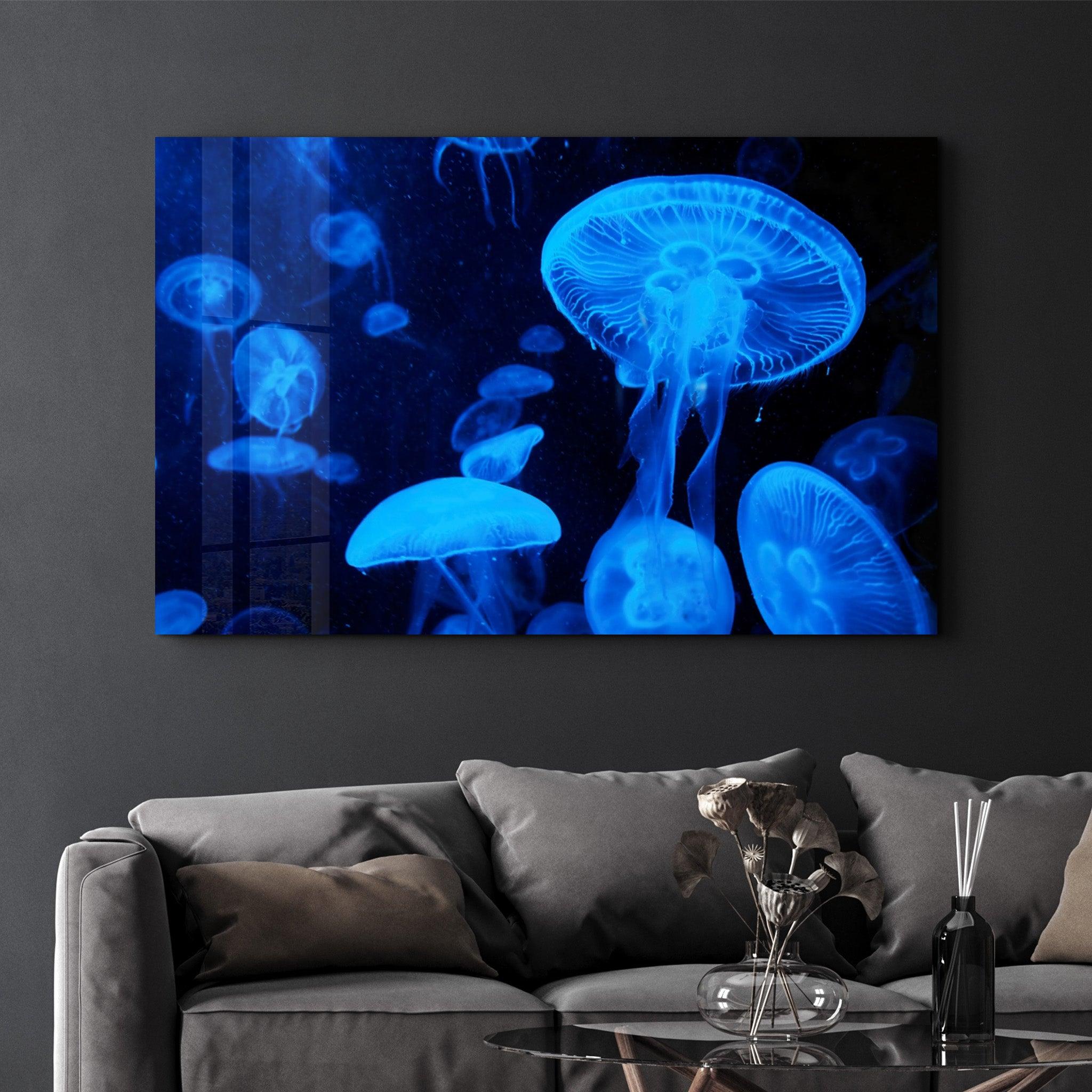 Blue Jellyfish | Glass Wall Art - Artdesigna