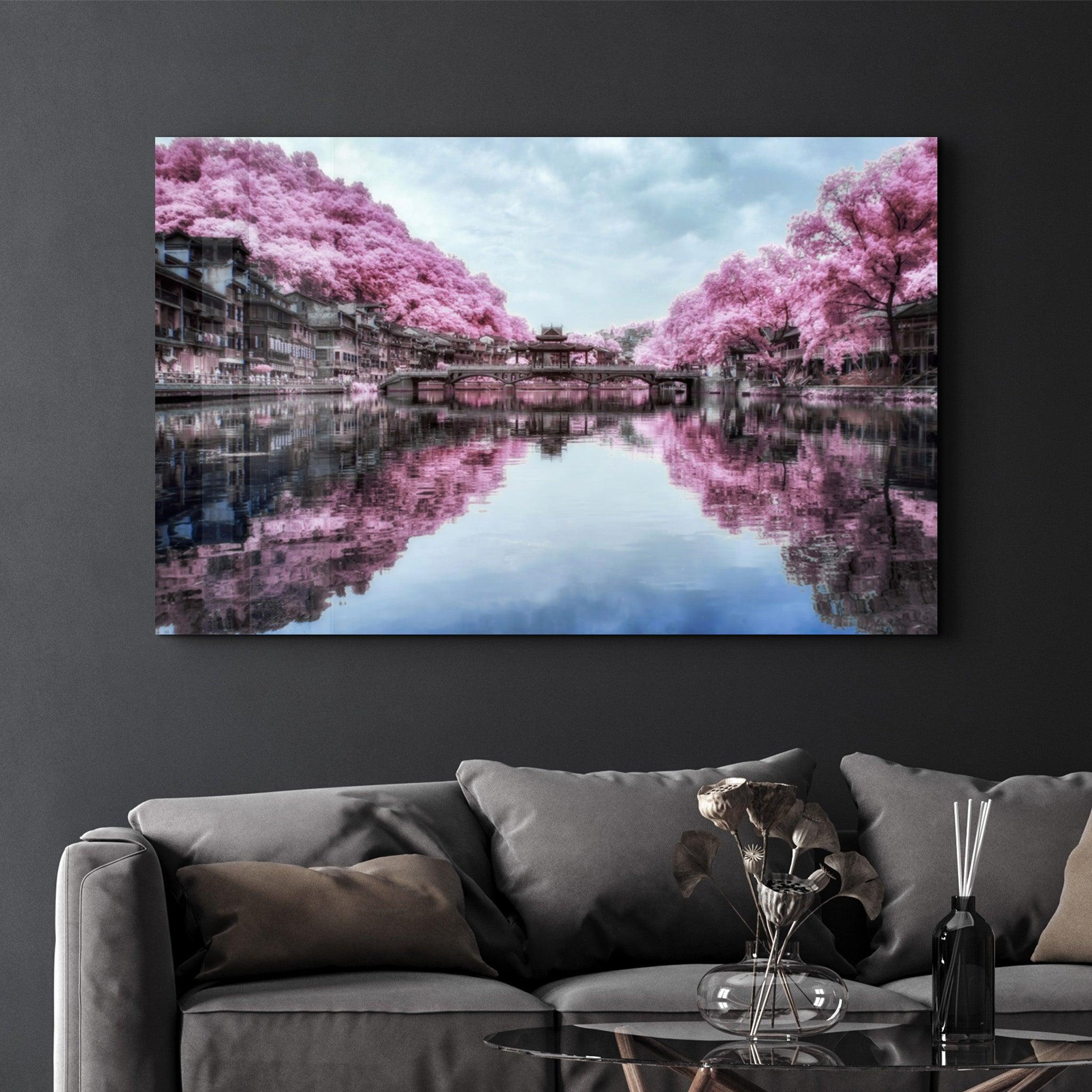 Pink Trees Reflection | Glass Wall Art - ArtDesigna Glass Printing Wall Art