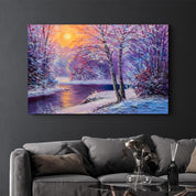 Oil Painting Winter Sunset | Glass Wall Art - ArtDesigna Glass Printing Wall Art