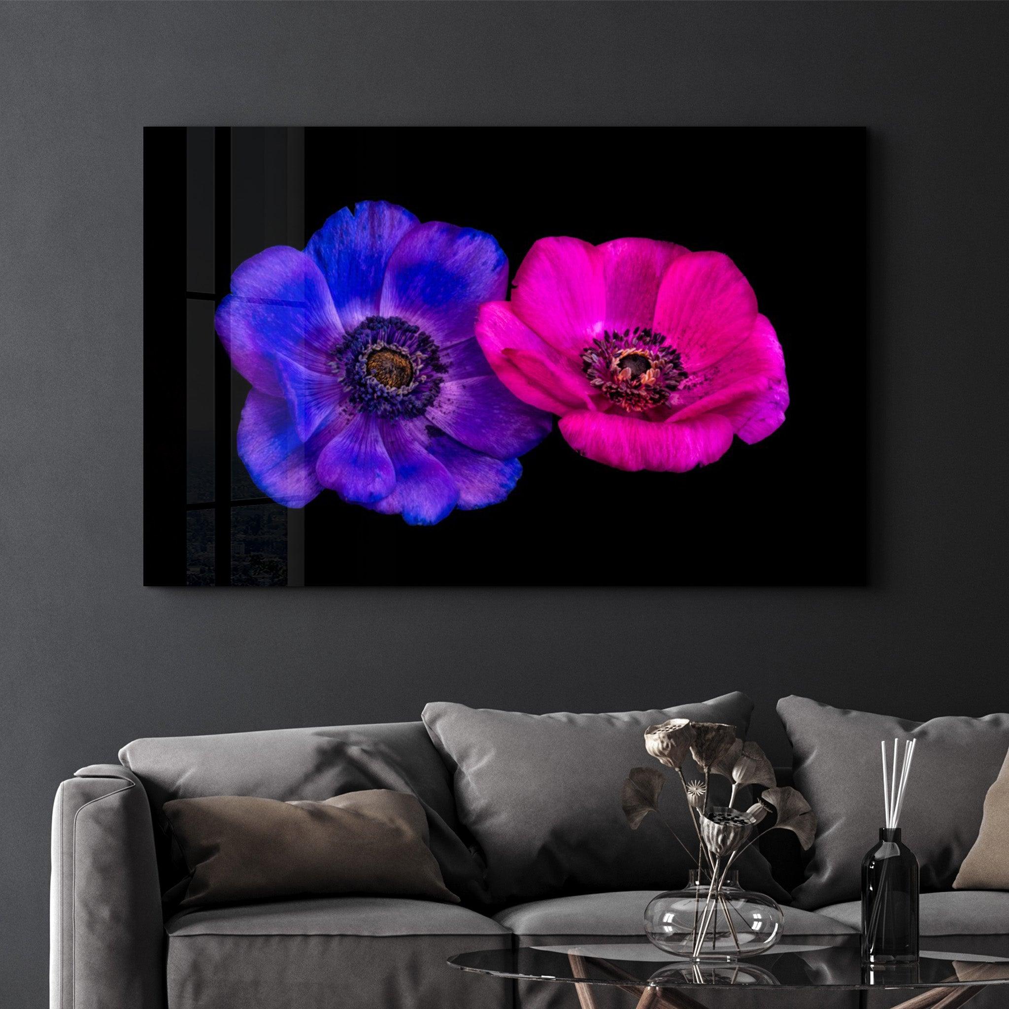 Blue and Pink Flowers | Glass Wall Art - Artdesigna