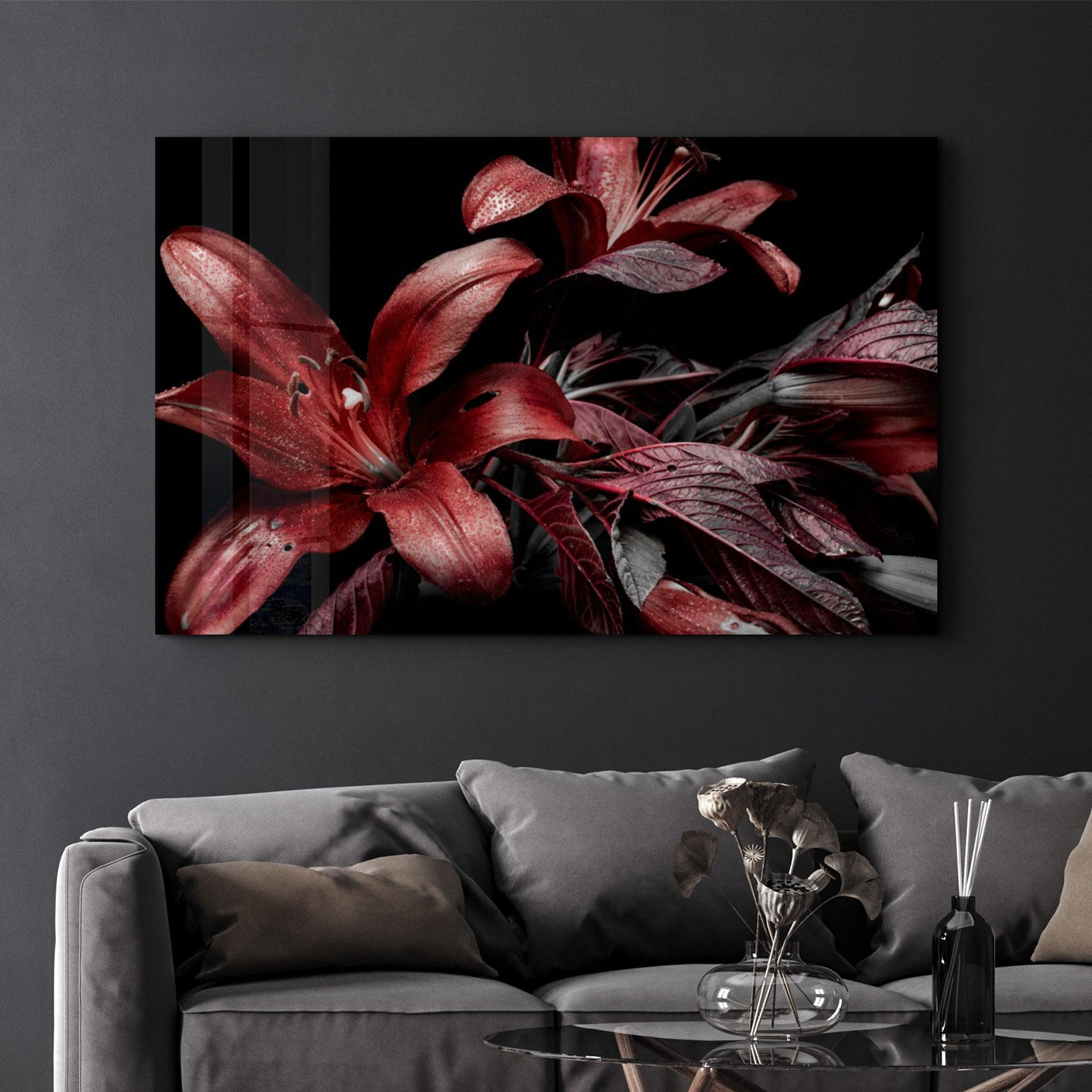 Red and Black Flowers | Glass Wall Art - ArtDesigna Glass Printing Wall Art