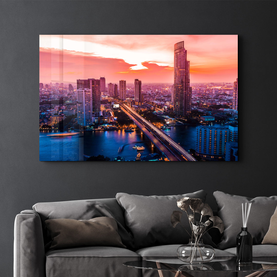 ・"Beautiful cityscape Bangkok business district and residential. In the twilight, Thailand"・Glass Wall Art - ArtDesigna Glass Printing Wall Art