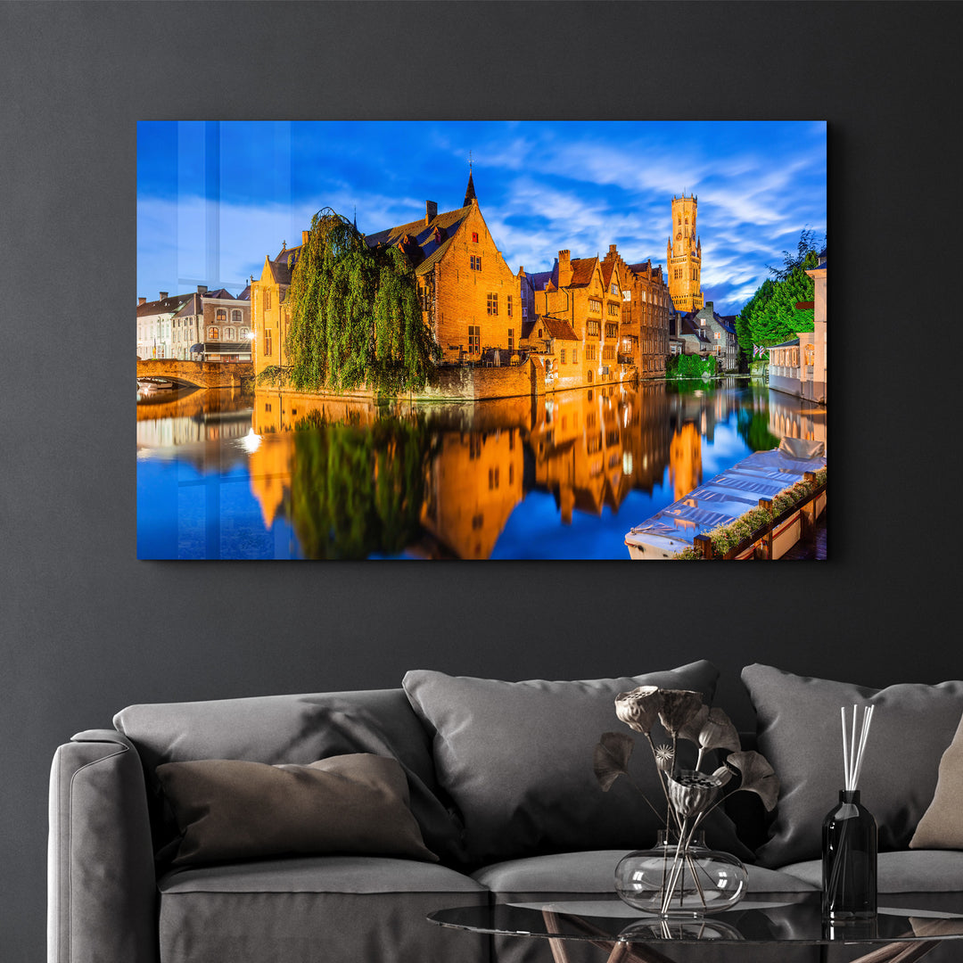 ・"Bruges, Belgium. The Rozenhoedkaai canal in Bruges with the Belfry"・Glass Wall Art - ArtDesigna Glass Printing Wall Art