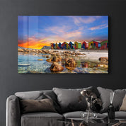 Muizenberg beach huts wooden cabins at twilight in Cape Town South Africa | Glass Wall Art - ArtDesigna Glass Printing Wall Art