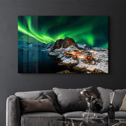 Aurora borealis over Hamnoy in Norway | Glass Wall Art - ArtDesigna Glass Printing Wall Art