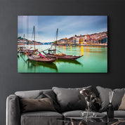 Porto, Portugal old town cityscape on the Douro River with traditional Rabelo boats. | Glass Wall Art - ArtDesigna Glass Printing Wall Art