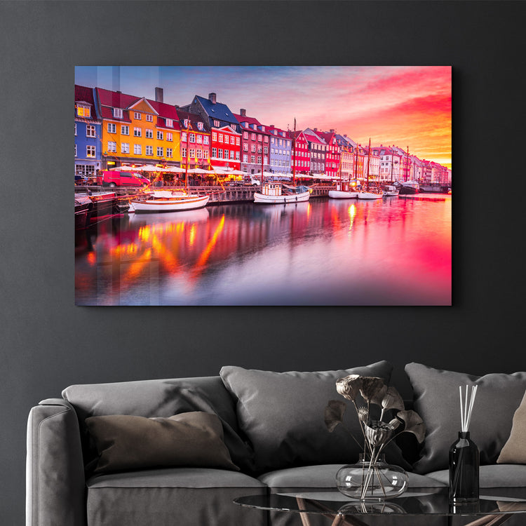 ・"Copenhagen, Denmark. Experience the breathtaking beauty of Nyhavn canal at sunrise"・Glass Wall Art - ArtDesigna Glass Printing Wall Art