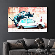 Banksy - Rhino on the Car - Glass Wall Art - Artdesigna