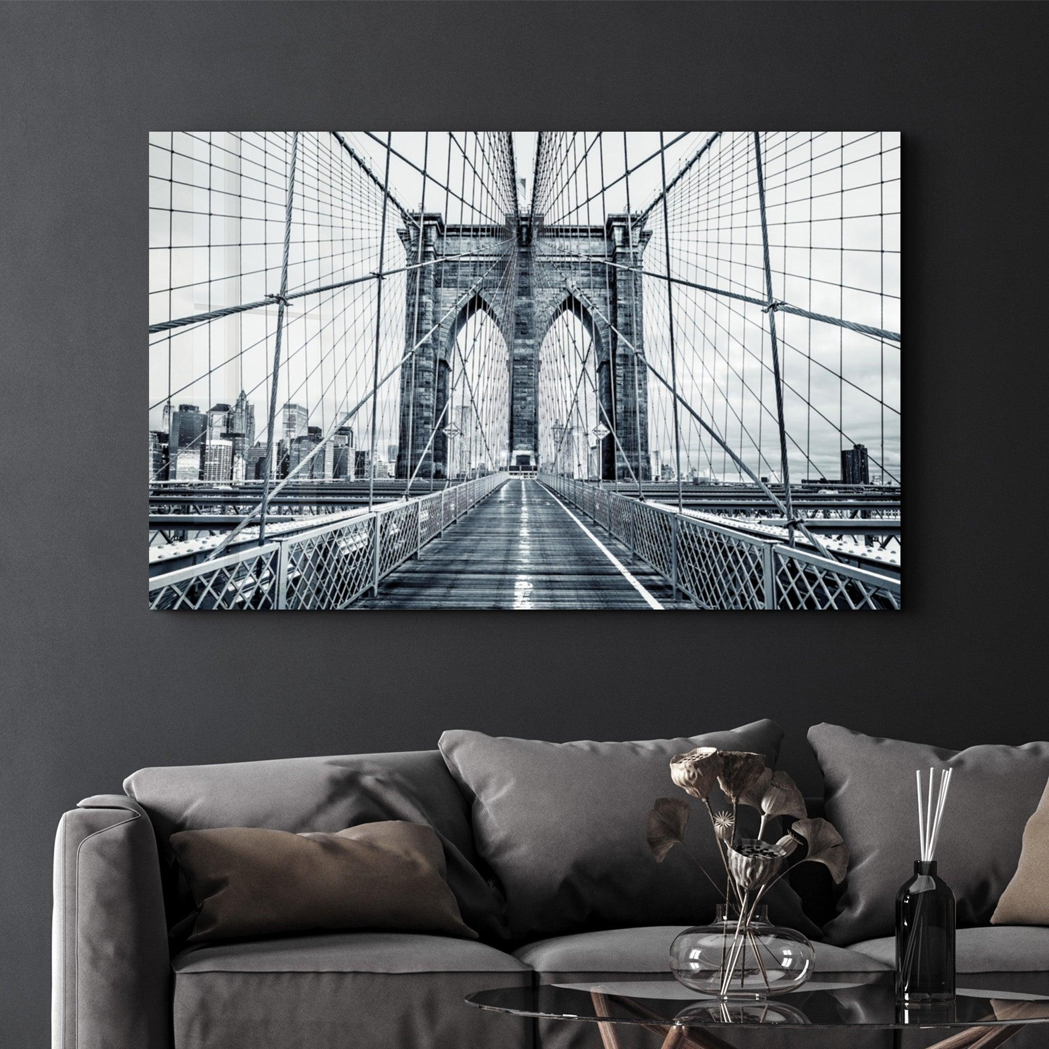 Brooklyn Bridge Retro Gray | Glass Wall Art - ArtDesigna Glass Printing Wall Art