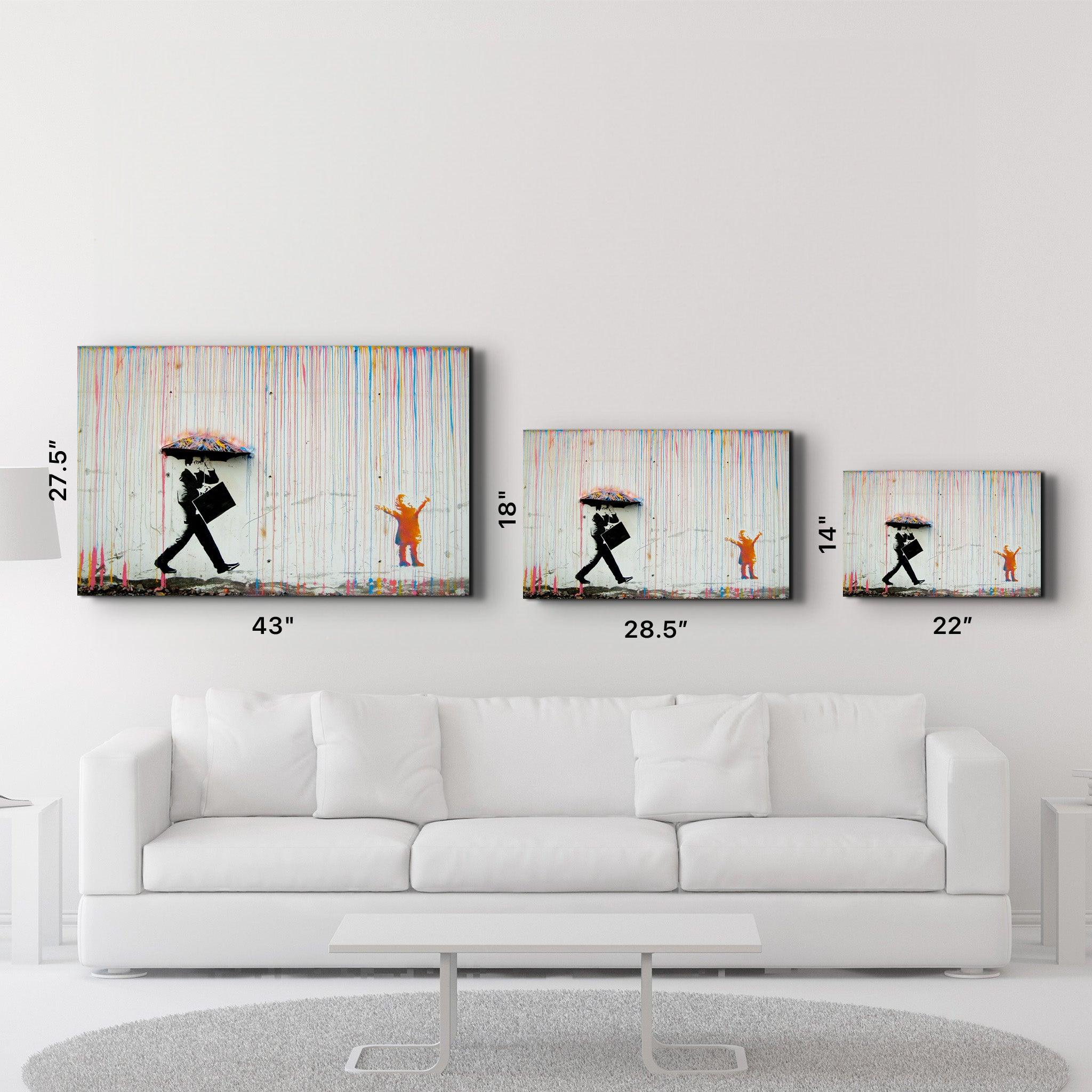 Banksy Umbrella Man Rainbow Rain Girl Glass Wall Art - Artdesigna