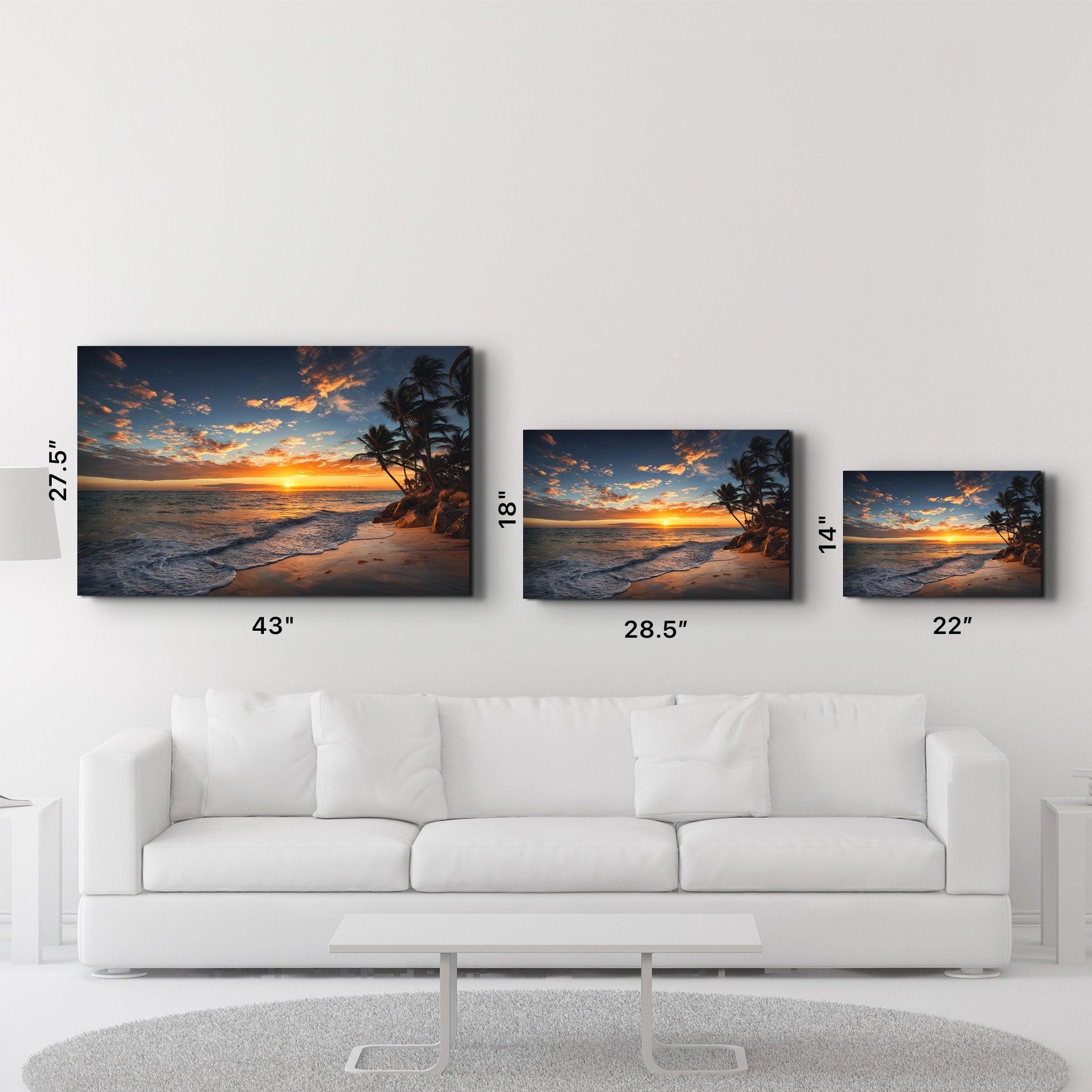 Golden Horizon: Tranquil Shores | Glass Wall Art - Artdesigna