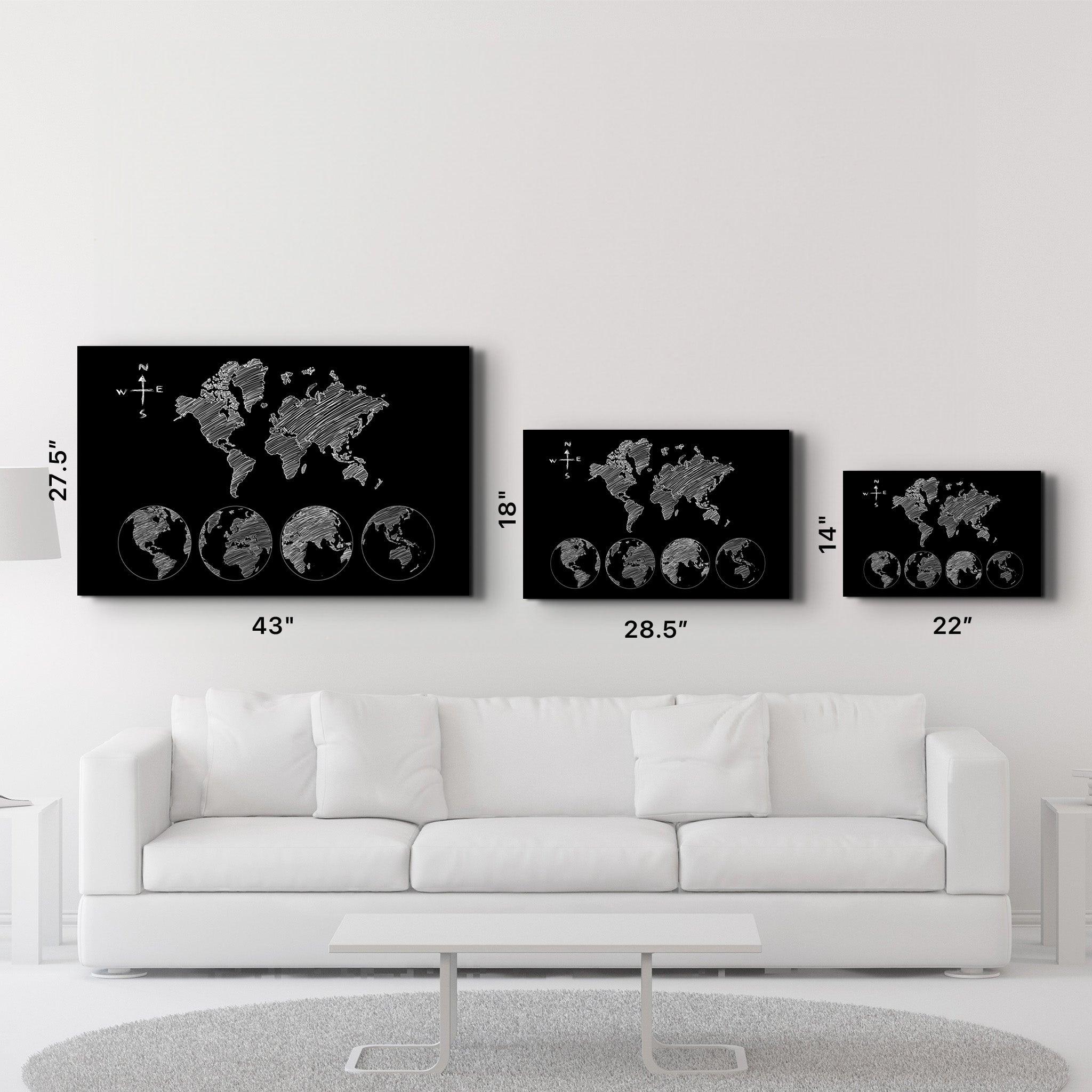 World Map Black-White | Glass Wall Art - ArtDesigna Glass Printing Wall Art