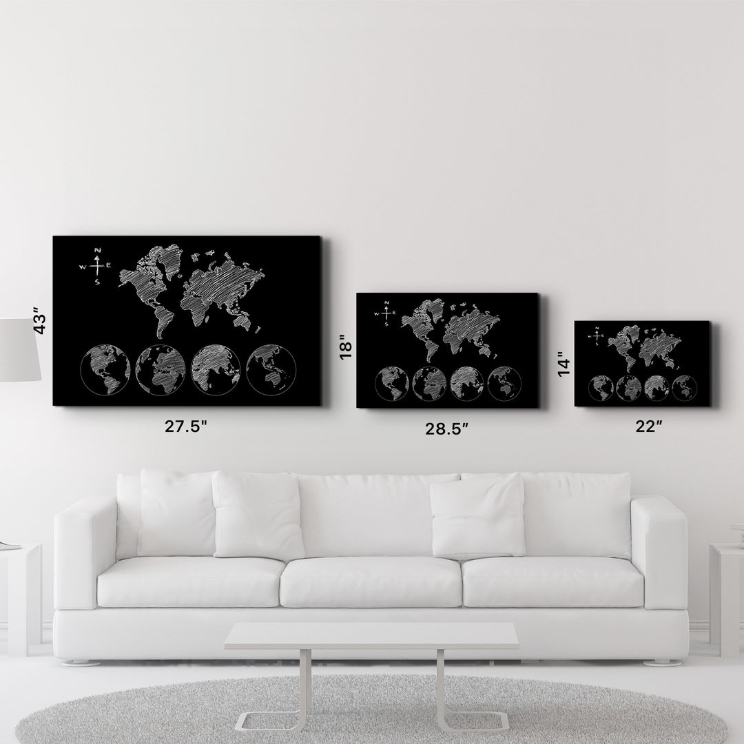 ・"World Map Black-White"・Glass Wall Art - ArtDesigna Glass Printing Wall Art