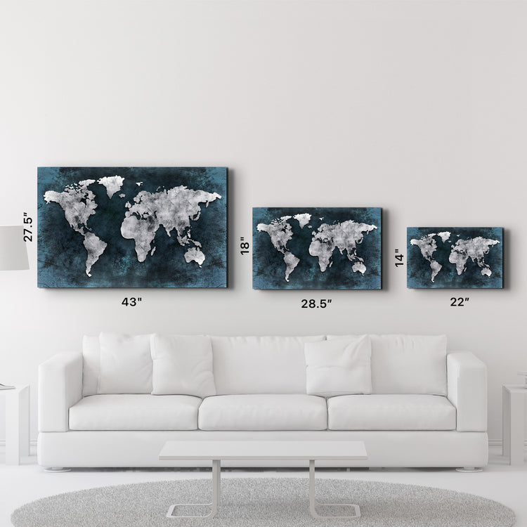 ・"World Map Blue-Silver"・Glass Wall Art - ArtDesigna Glass Printing Wall Art