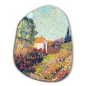 Artdesigna Cottage Bloom amorphous glass wall art featuring vibrant, abstract floral design on clear glass panel.