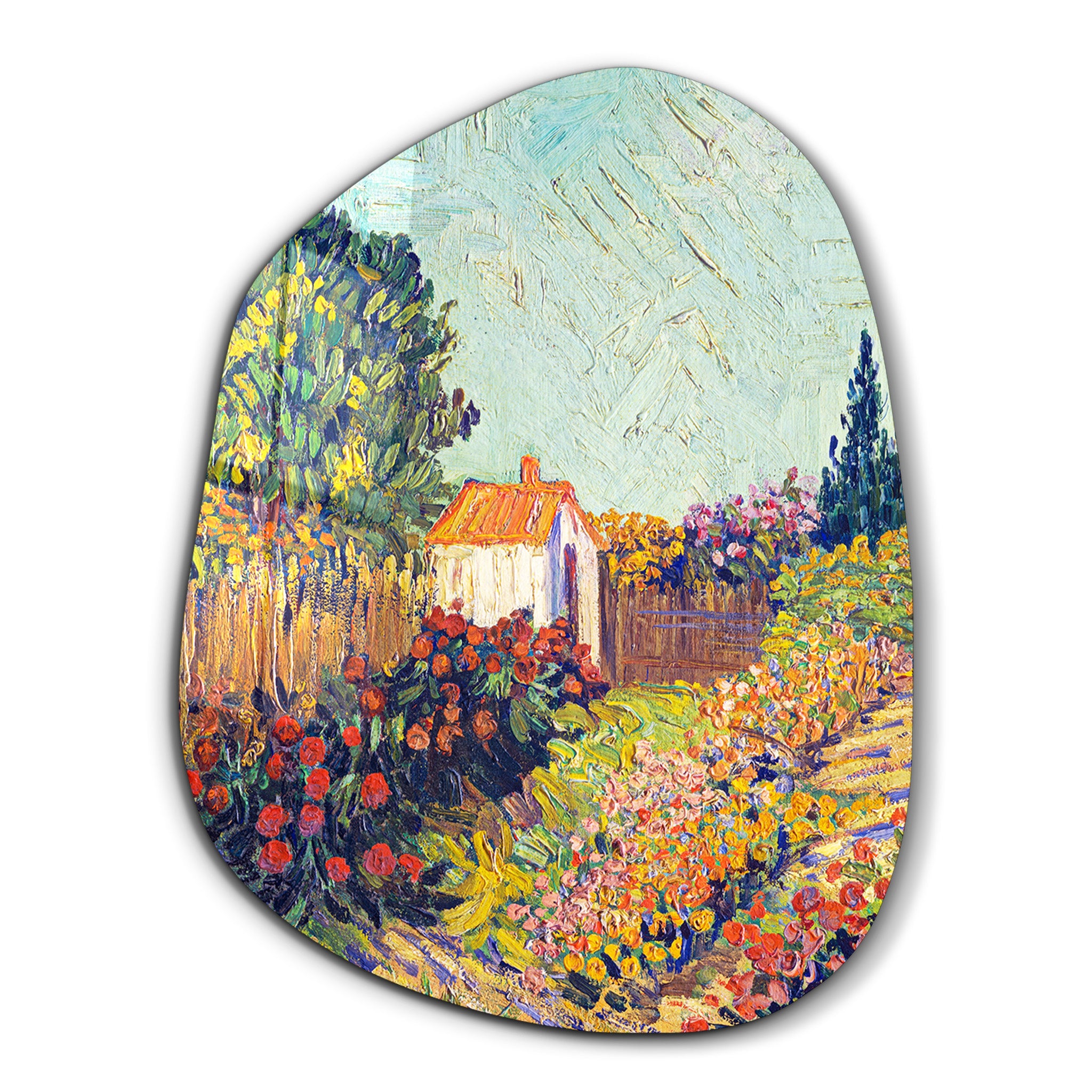 Artdesigna Cottage Bloom amorphous glass wall art featuring vibrant, abstract floral design on clear glass panel.