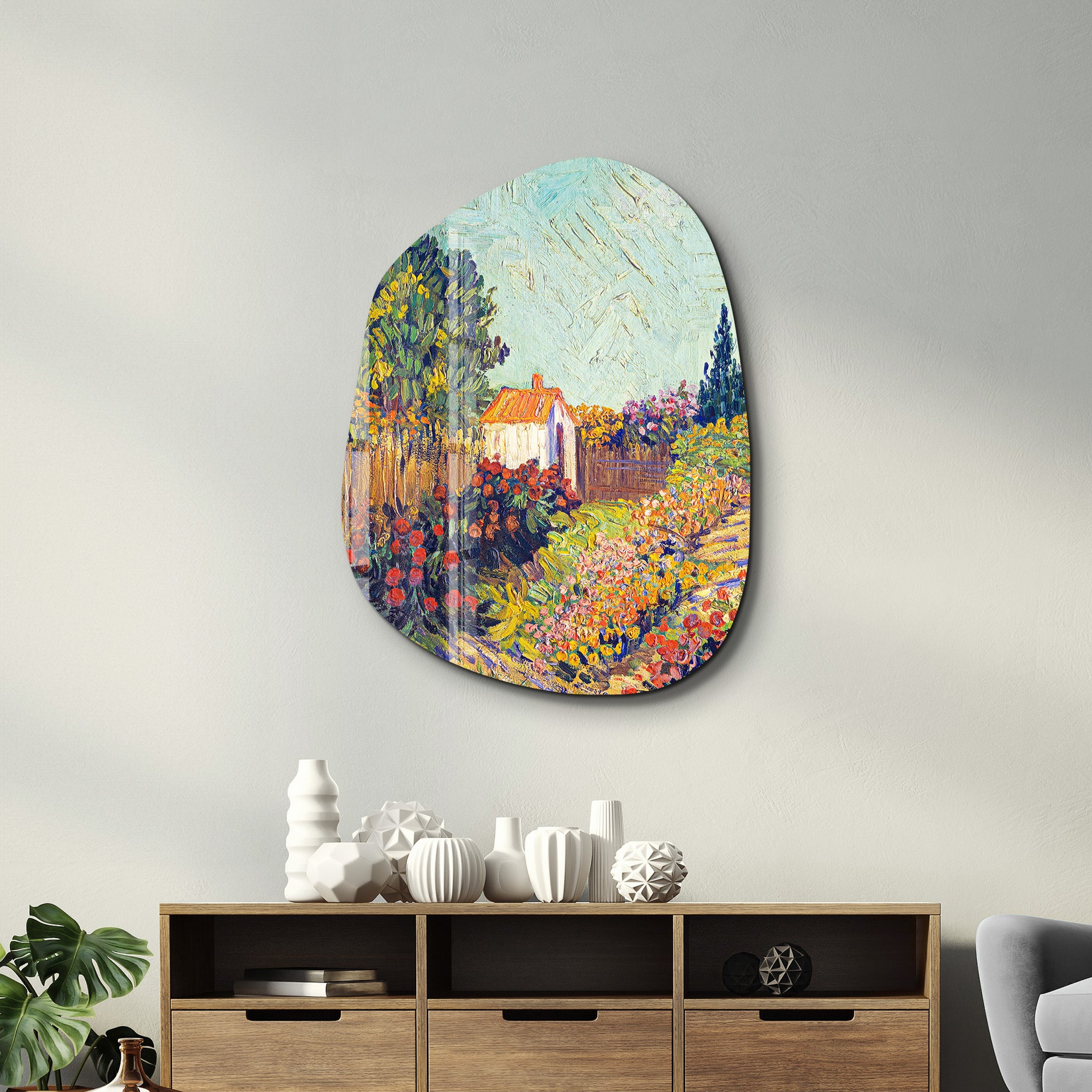 Artdesigna Cottage Bloom amorphous glass wall art featuring vibrant floral design for modern interior decor.