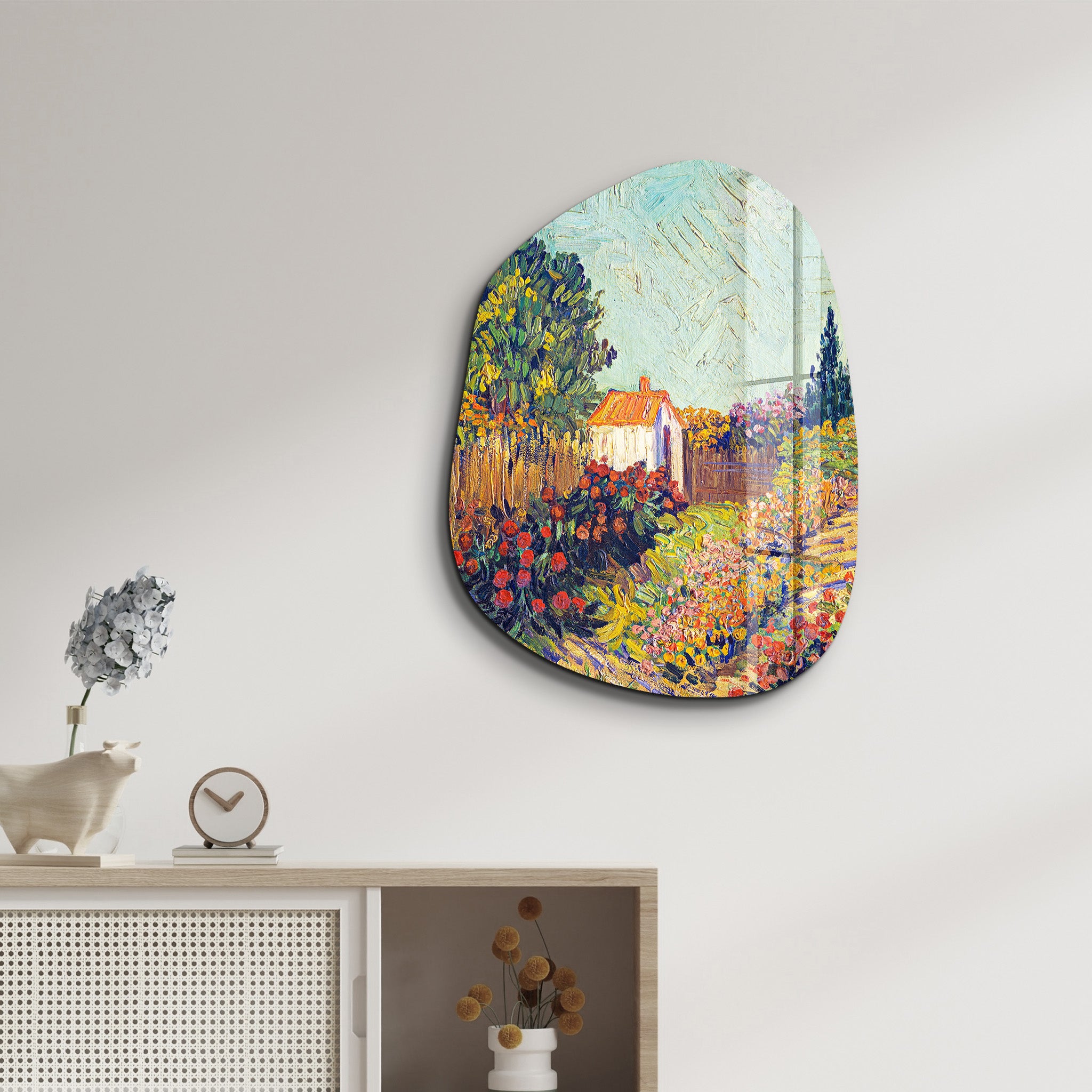 Artdesigna Cottage Bloom amorphous glass wall art featuring floral design in a 20x25 inch decorative piece.