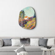Artdesigna Cottage Bloom amorphous glass wall art featuring vibrant floral design on clear glass panel.