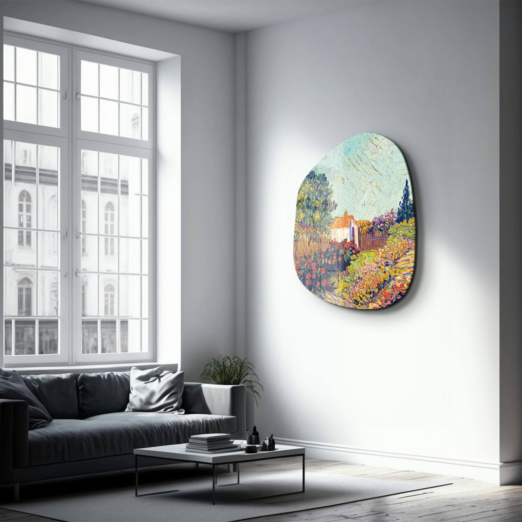 Artdesigna Cottage Bloom amorphous glass wall art featuring vibrant floral design on a sleek glass panel.