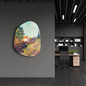 Artdesigna Cottage Bloom amorphous glass wall art featuring vibrant, abstract floral design on clear glass surface.