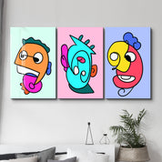 Cartoon Color Pop Faces Trio - Glass Wall Art