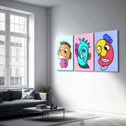 Cartoon Color Pop Faces Trio - Glass Wall Art