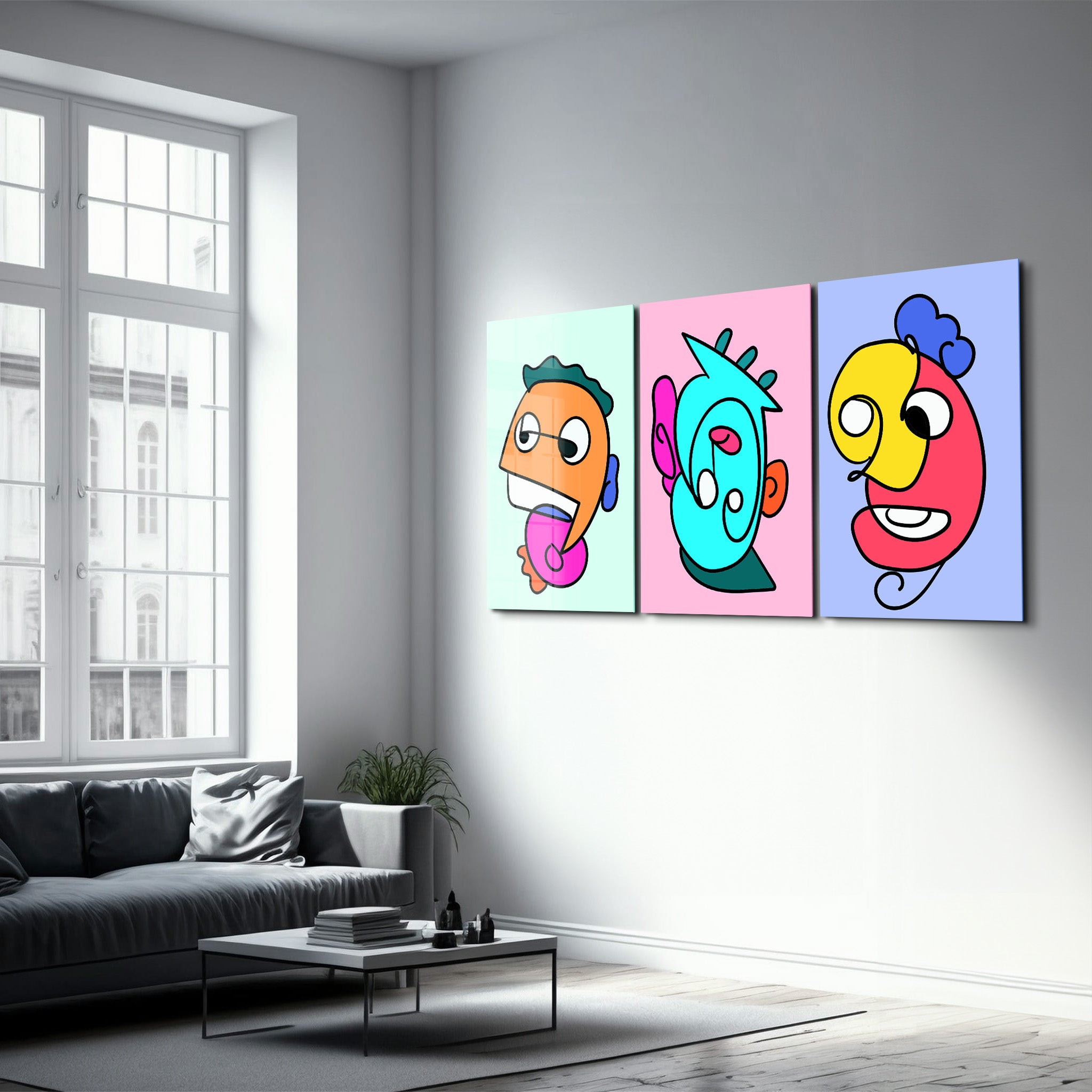 Cartoon Color Pop Faces Trio - Glass Wall Art