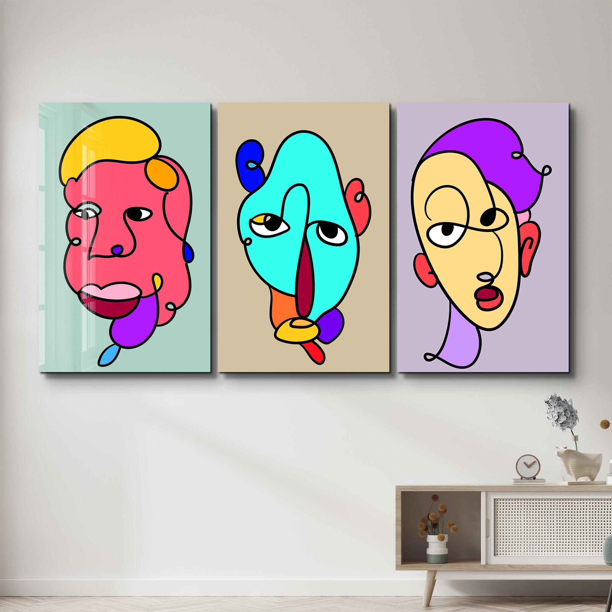 Color Line Faces Trio - Glass Wall Art