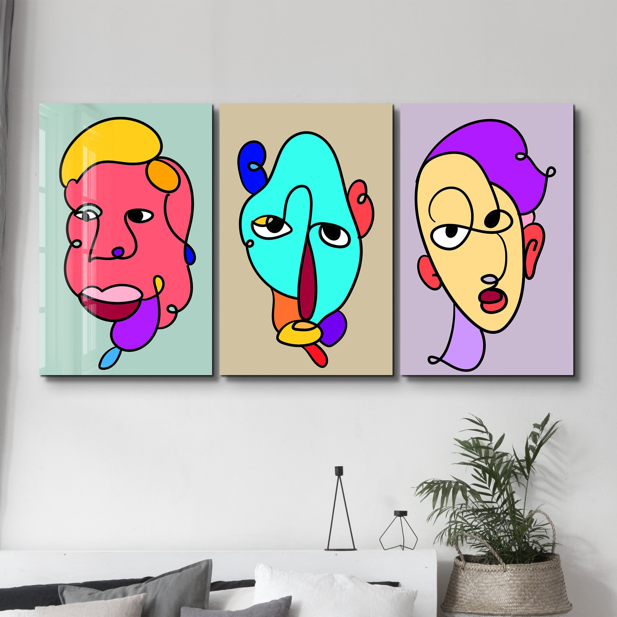 Color Line Faces Trio - Glass Wall Art
