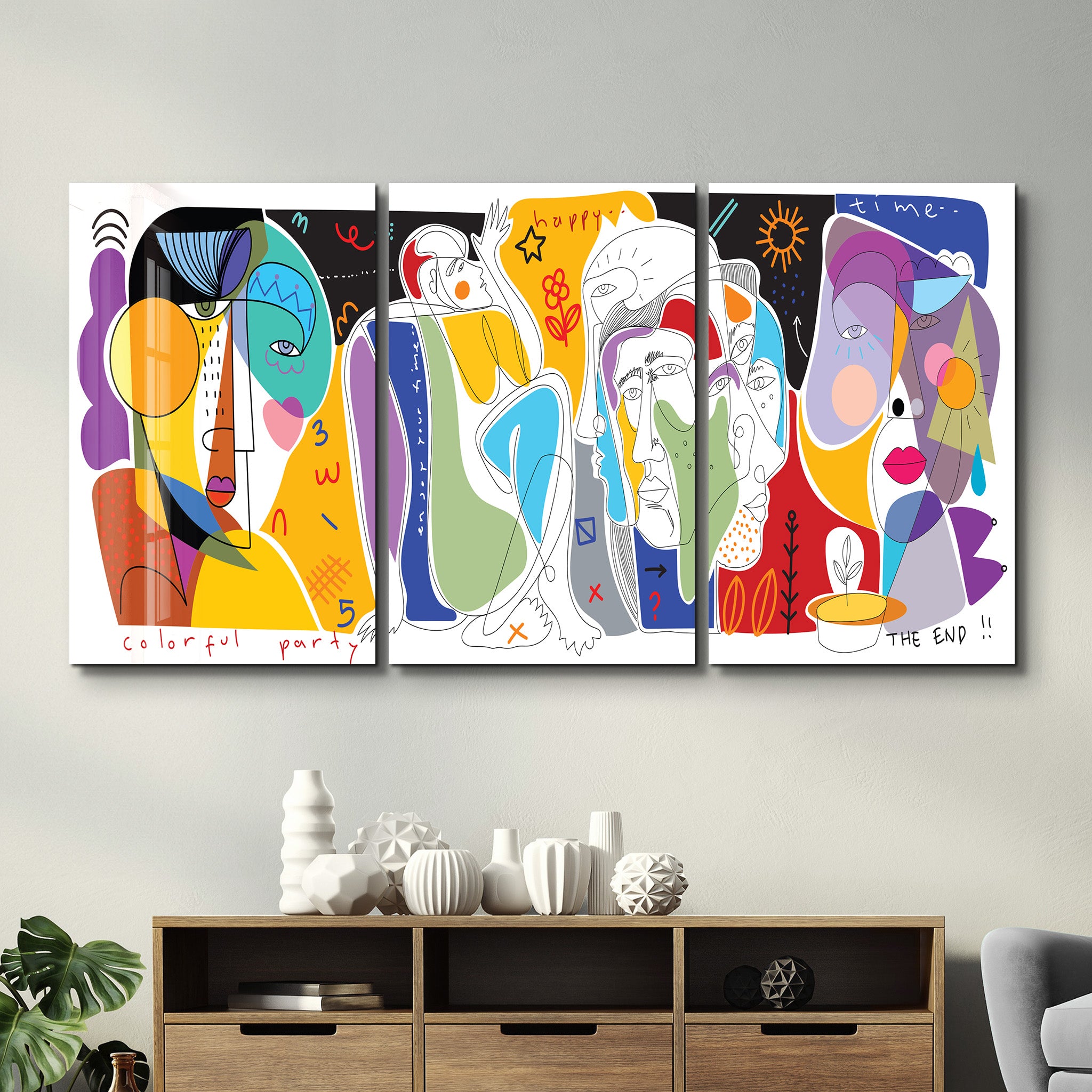 Colorful Party Abstract Faces Trio - Glass Wall Art