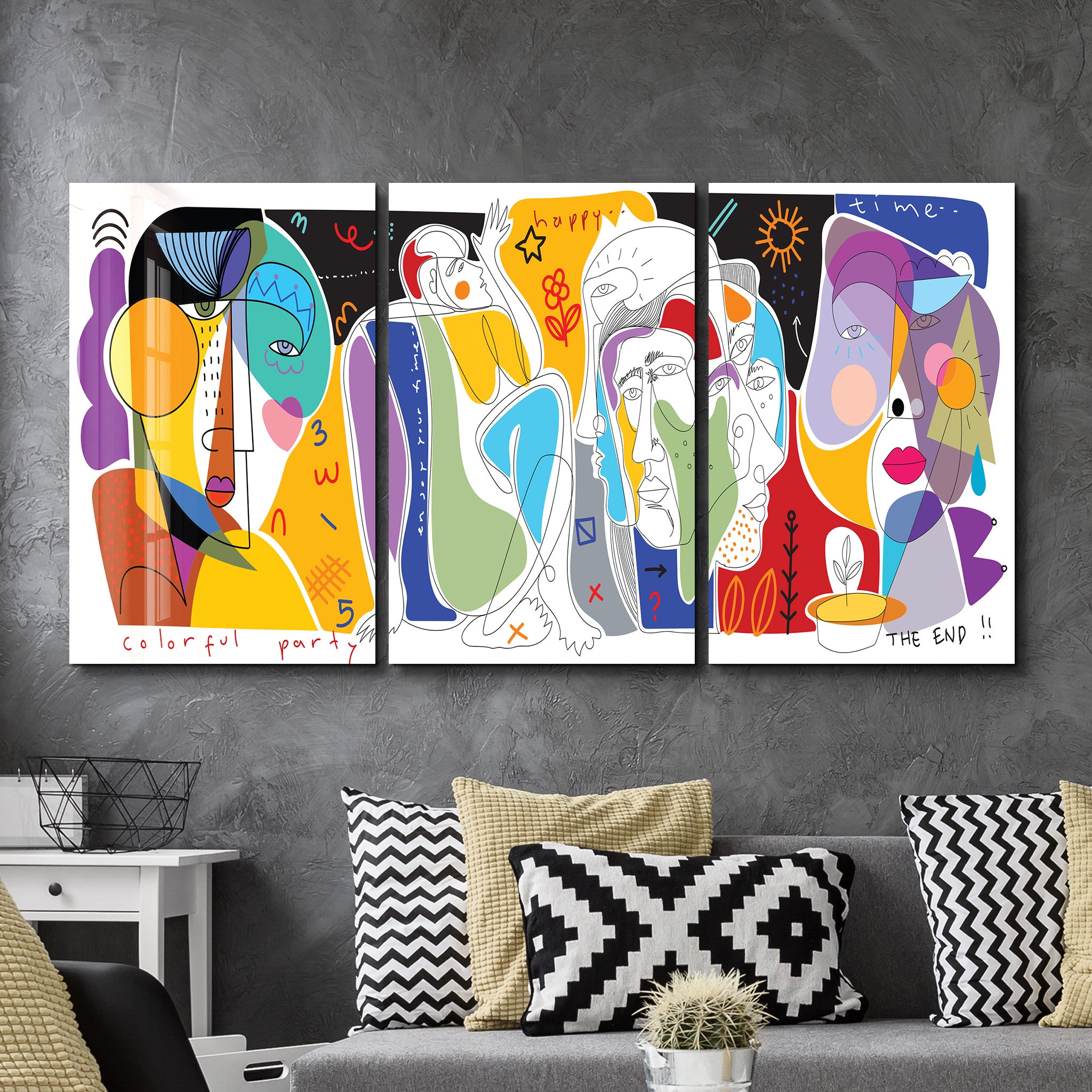 Colorful Party Abstract Faces Trio - Glass Wall Art