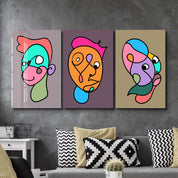 Funky Faces Trio in Continuous Line - Glass Wall Art