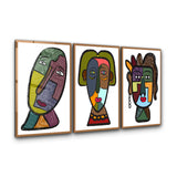 Tribal-Inspired Modern Faces Trio - Glass Wall Art