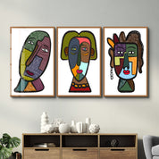 Tribal-Inspired Modern Faces Trio - Glass Wall Art