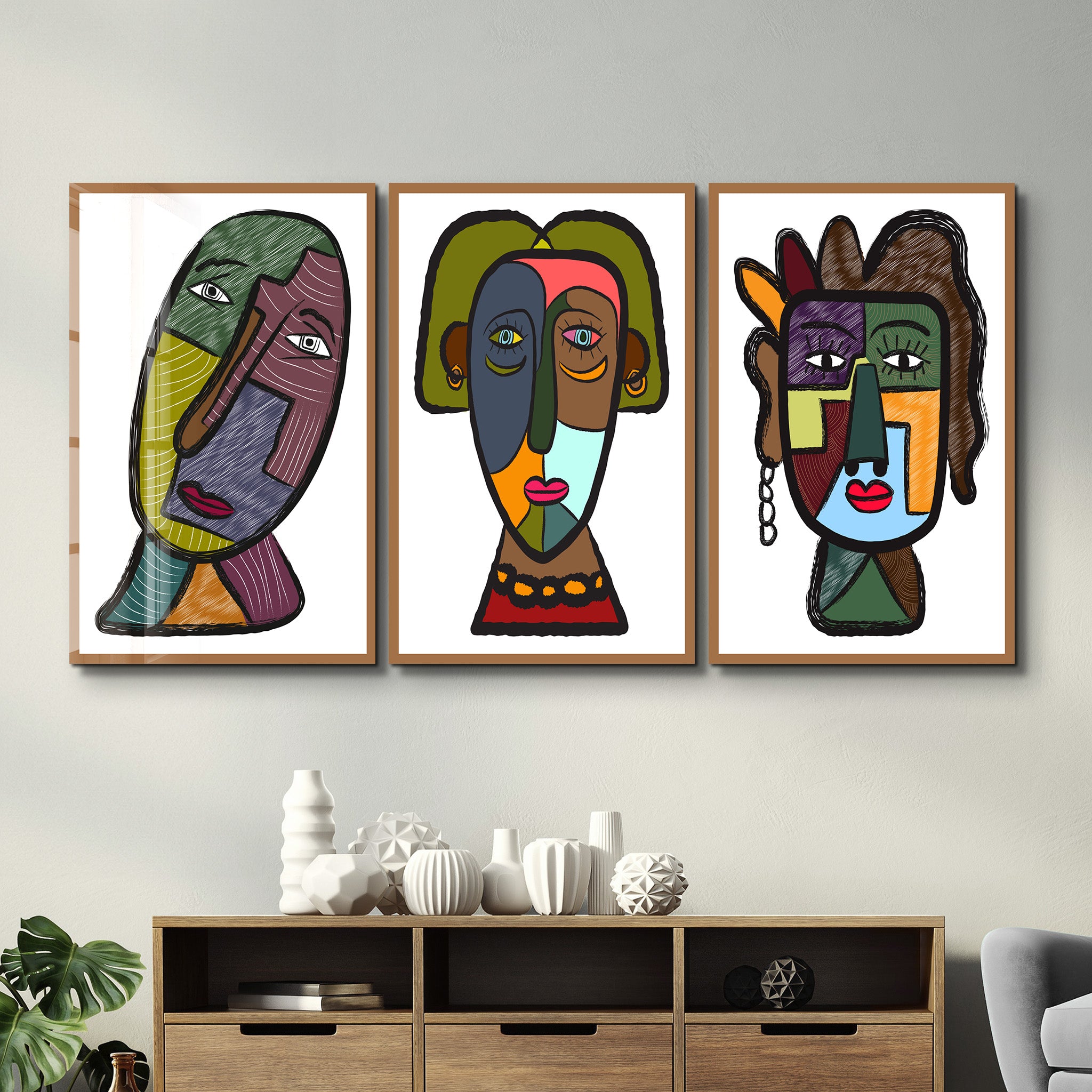 Tribal-Inspired Modern Faces Trio - Glass Wall Art