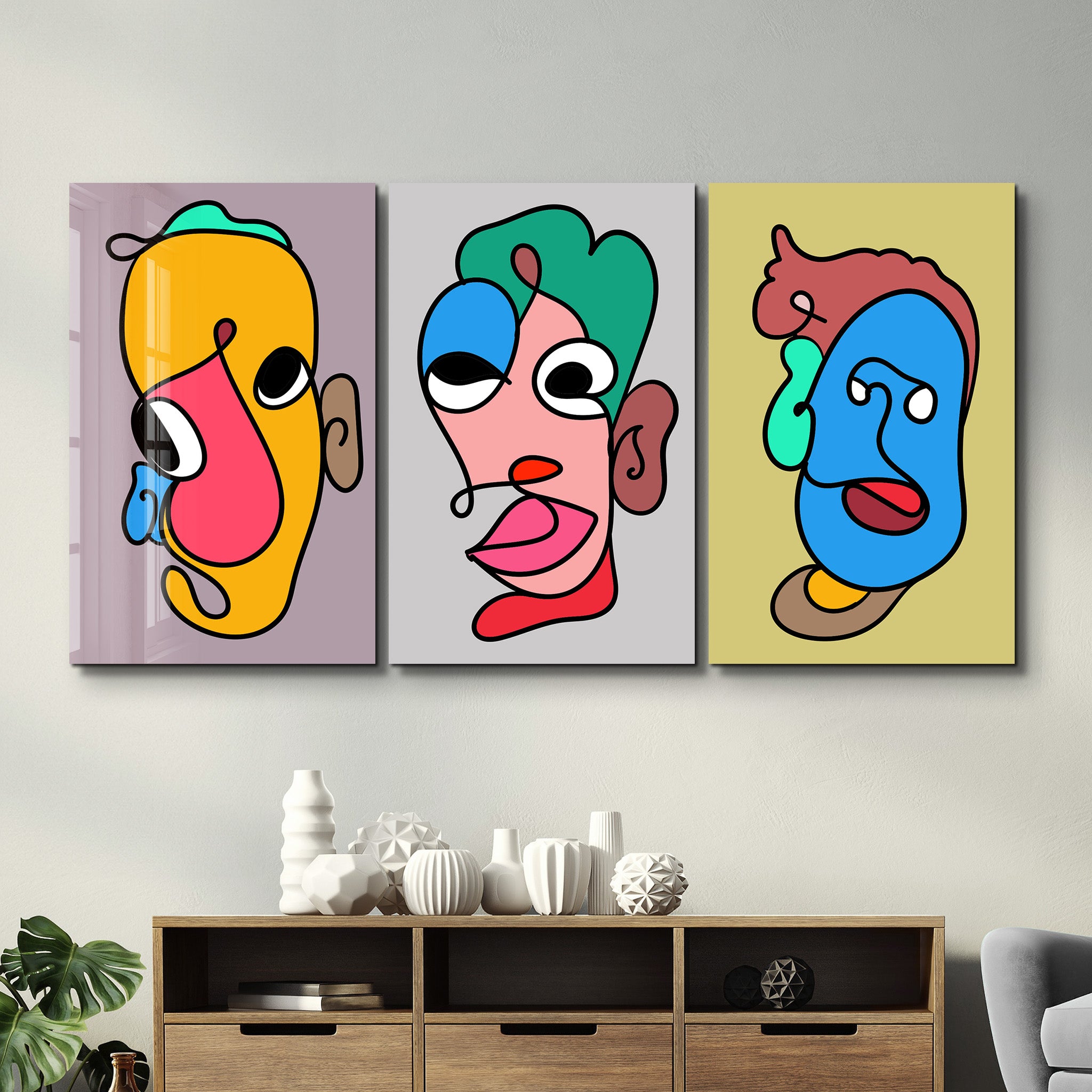 Whimsical Faces in Motion Trio - Glass Wall Art