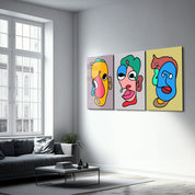 Whimsical Faces in Motion Trio - Glass Wall Art