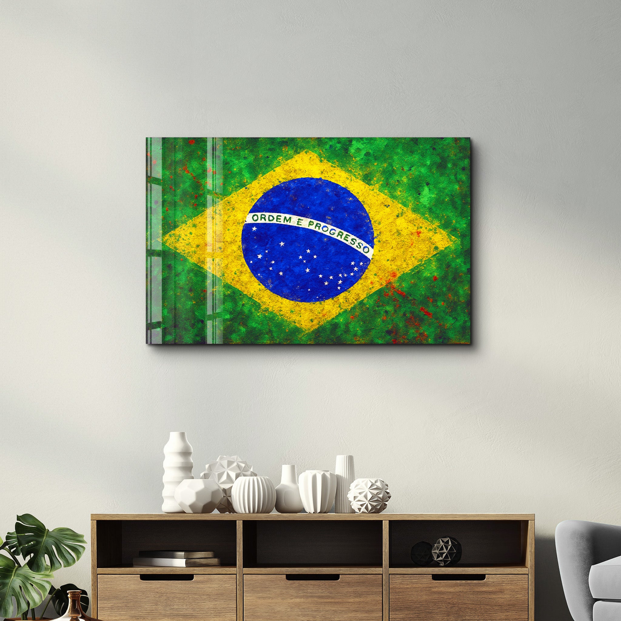 Brazilian Flag Splash - Glass Wall Art