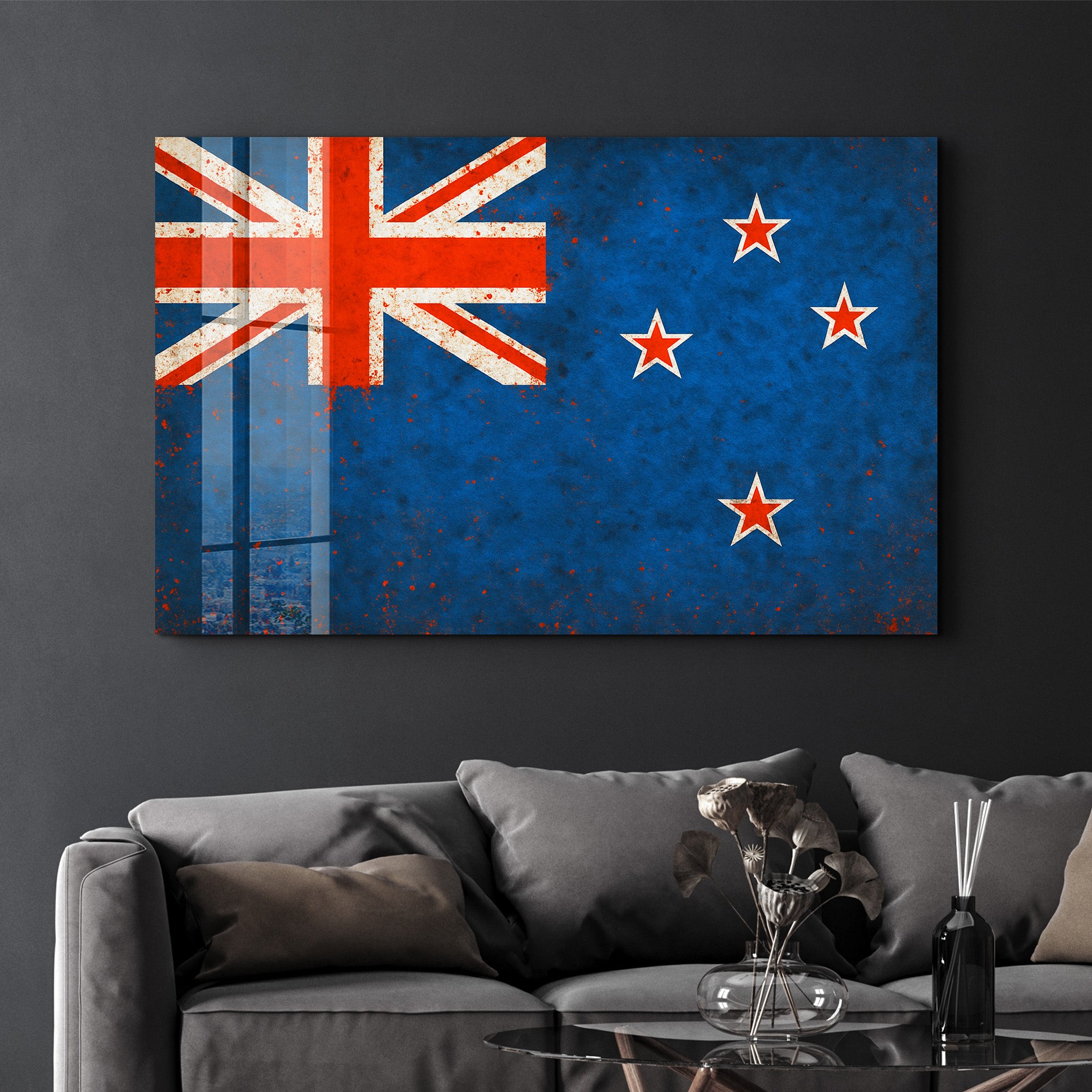 New Zealand Flag Splash - Glass Wall Art