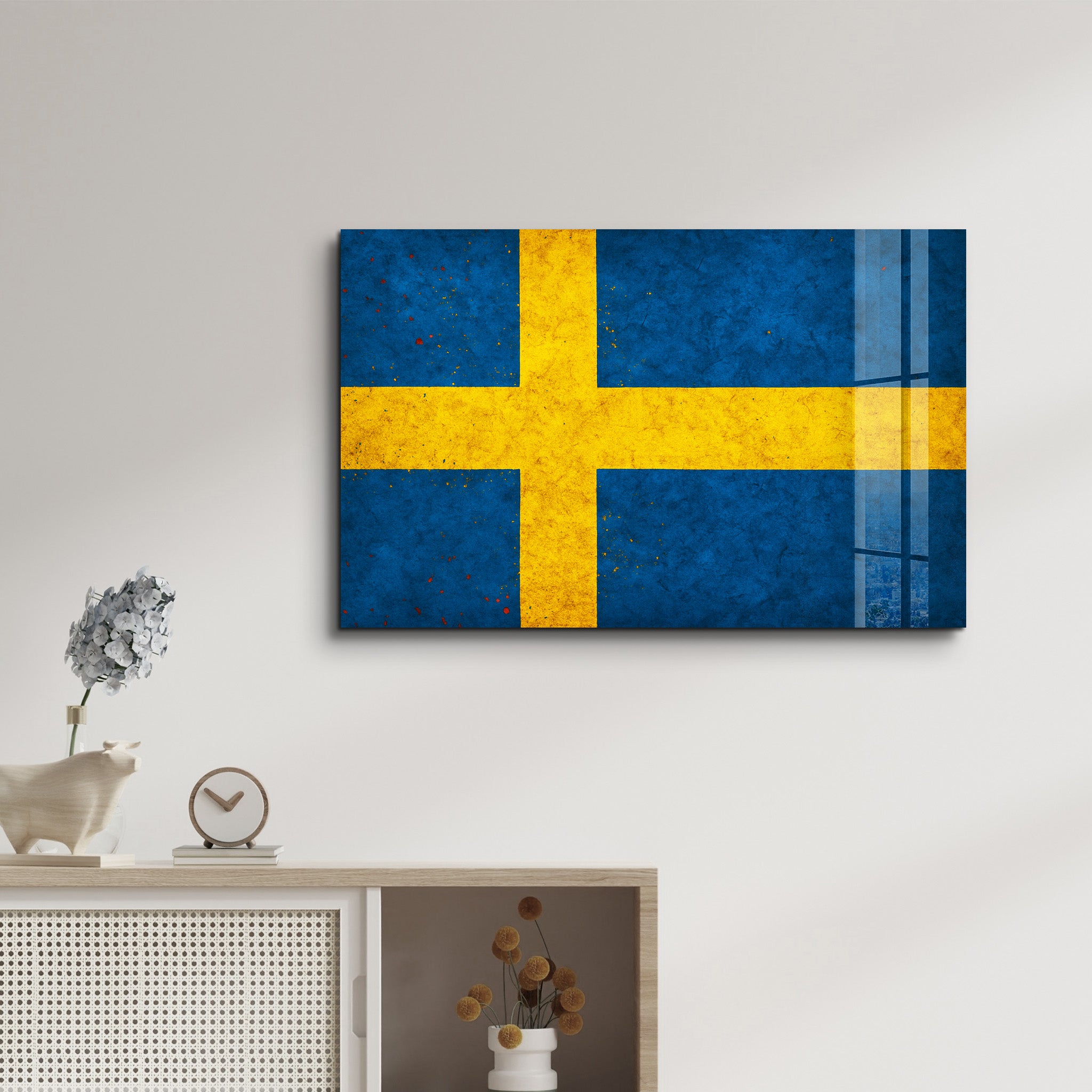 Sweden Flag Splash - Glass Wall Art