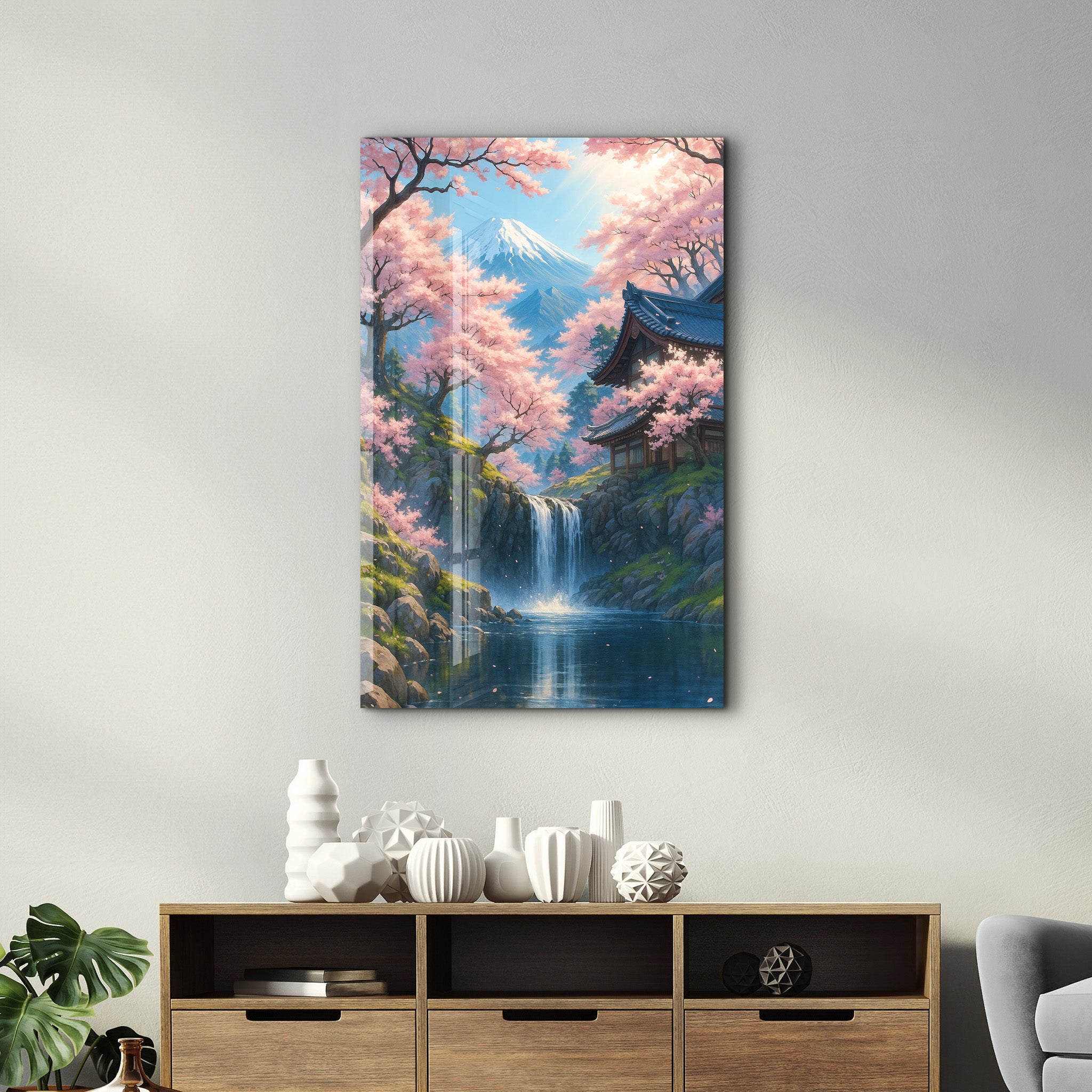 Tranquil Sakura Falls – Glass Wall Art