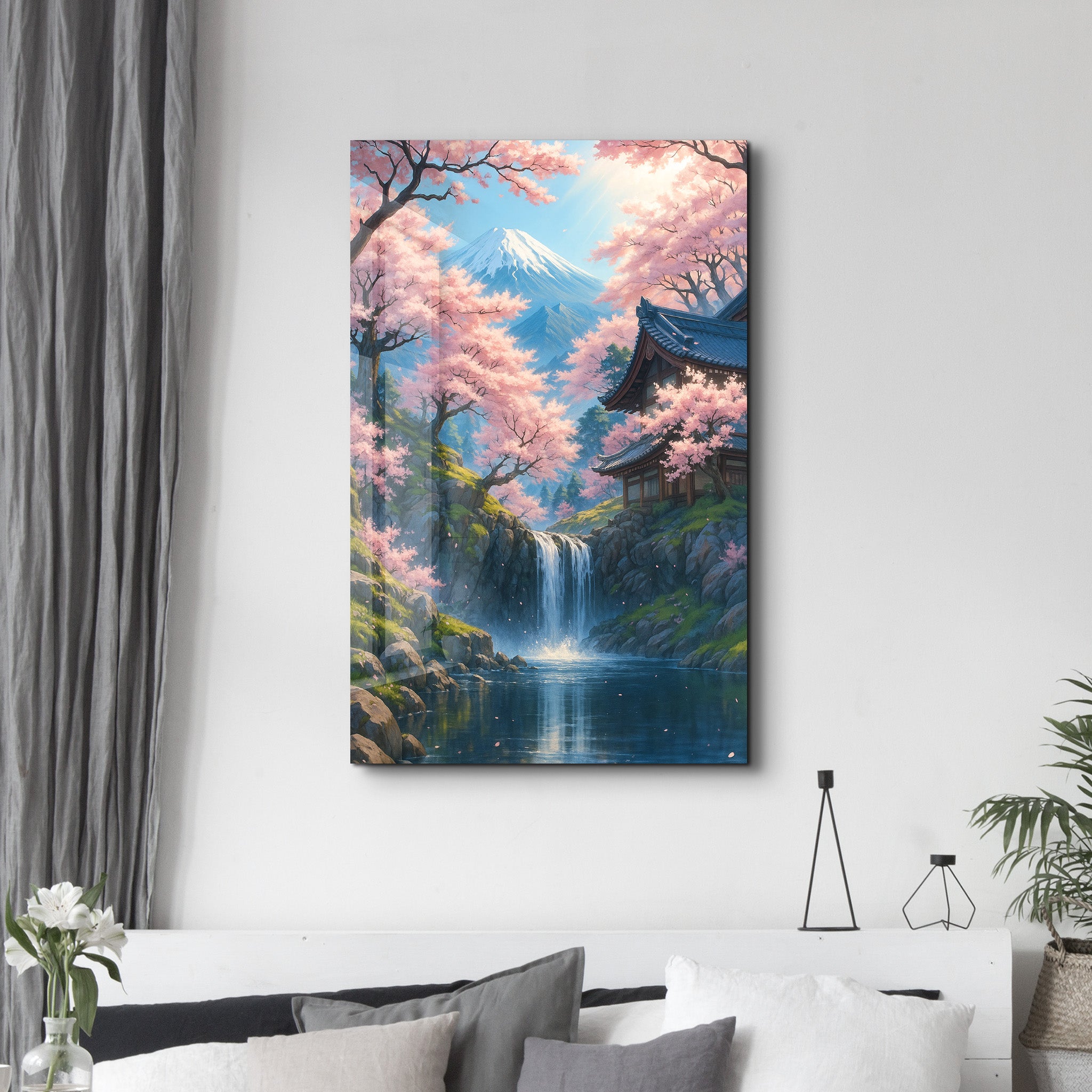 Tranquil Sakura Falls Glass Wall Art | ArtDesigna – Artdesigna