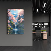 Tranquil Sakura Falls – Glass Wall Art