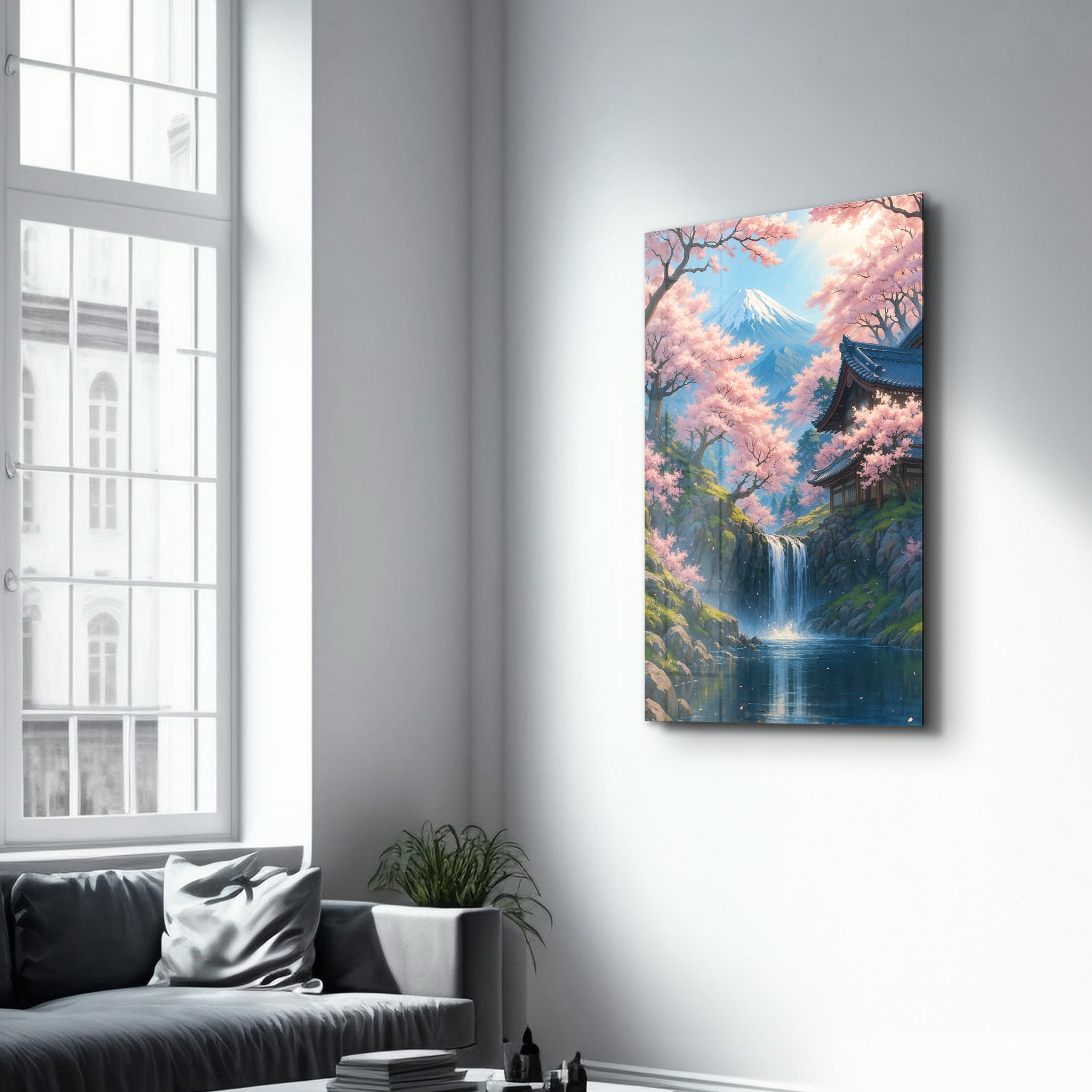 Tranquil Sakura Falls – Glass Wall Art