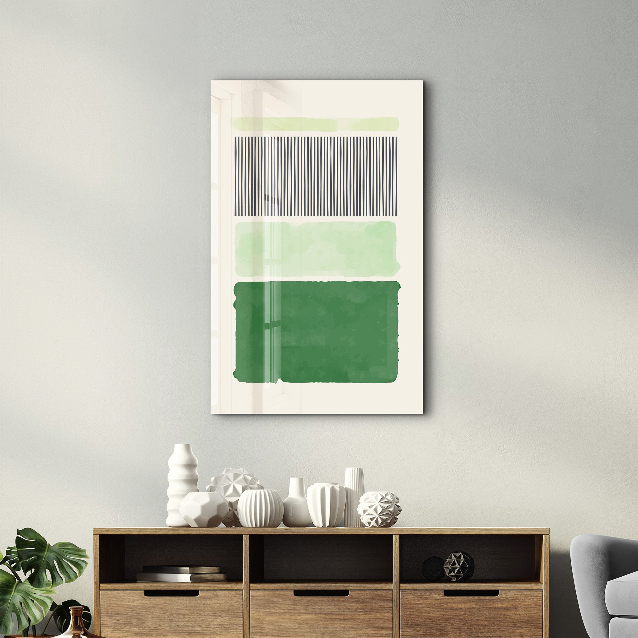 Vertical Lines & Green Blocks - Glass Wall Art