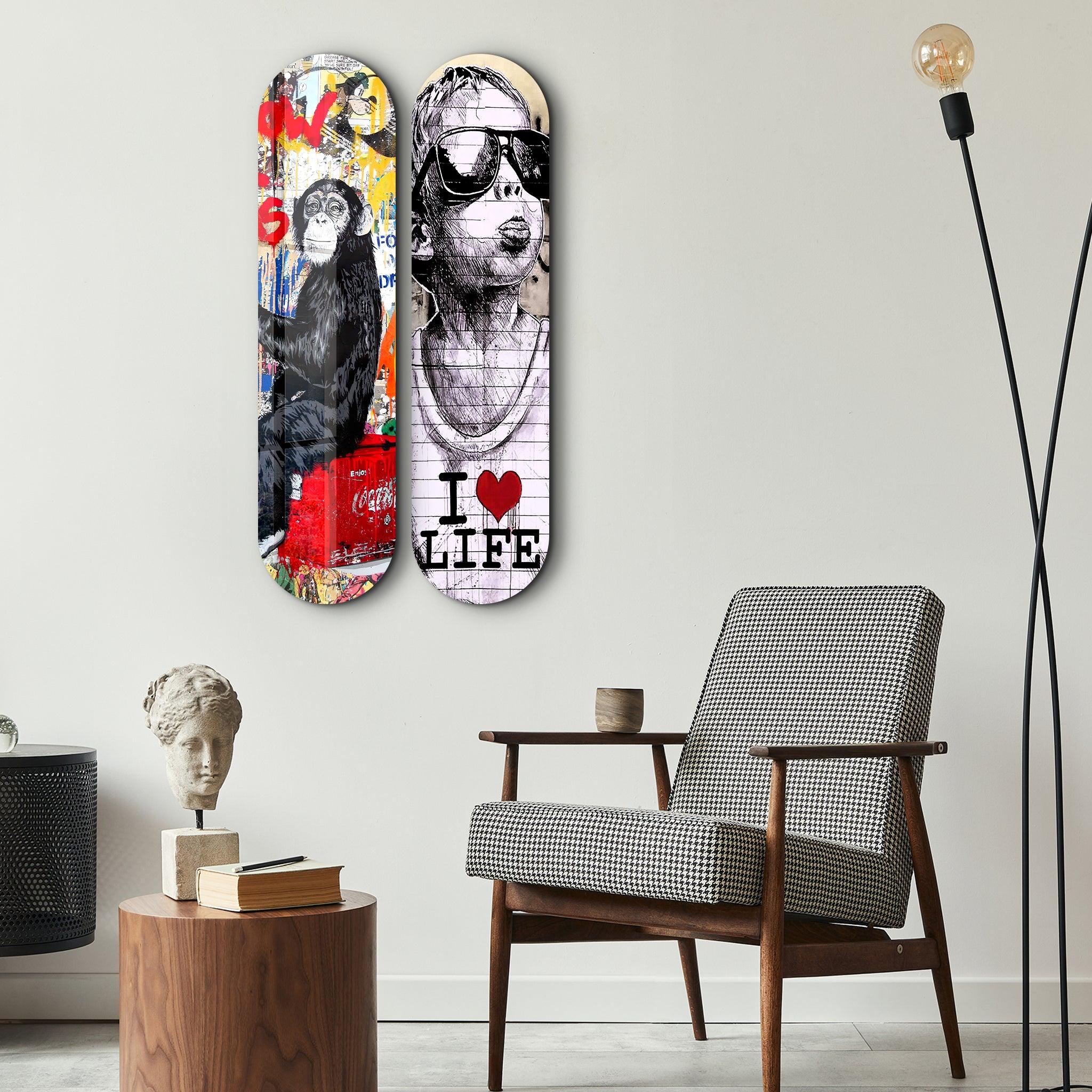 I love Life Banksy Skateboard | Glass Wall Art | Artdesigna